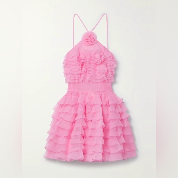 STAUD Dresses & Skirts - NWT Staud Florian Appliqué Flower Ruffle Halter Organza Mini Dress Tulip Pink